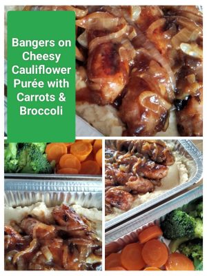 Bangers on Cheesy Cauliflower Puree with Carrots and Broccoli