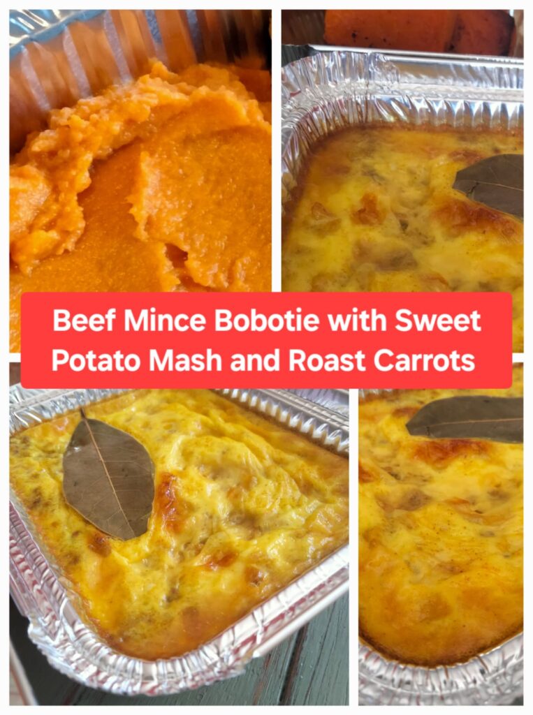 Beef Mince Bobotie, Sweet Potato Mash and Roast Carrots