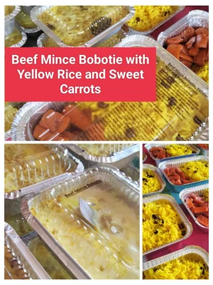 Beef Mince Bobotie, Yellow Rice and Sweet Carrots