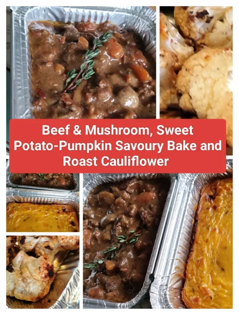 Beef and Mushroom Stew, Sweet Potato and Pumpkin Savoury Pie with Roast Cauliflower