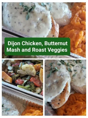 Dijon Chicken, Butternut Mash and Roast Veggies