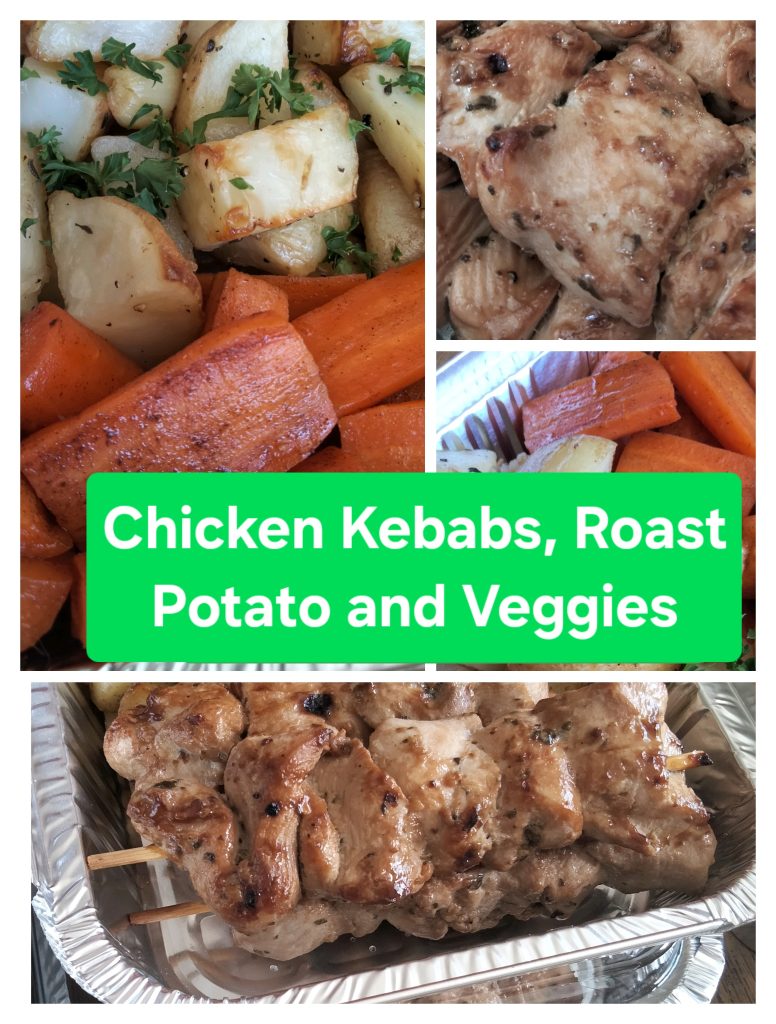 Grilled Chicken Kebabs, Roast Potato and Veggies