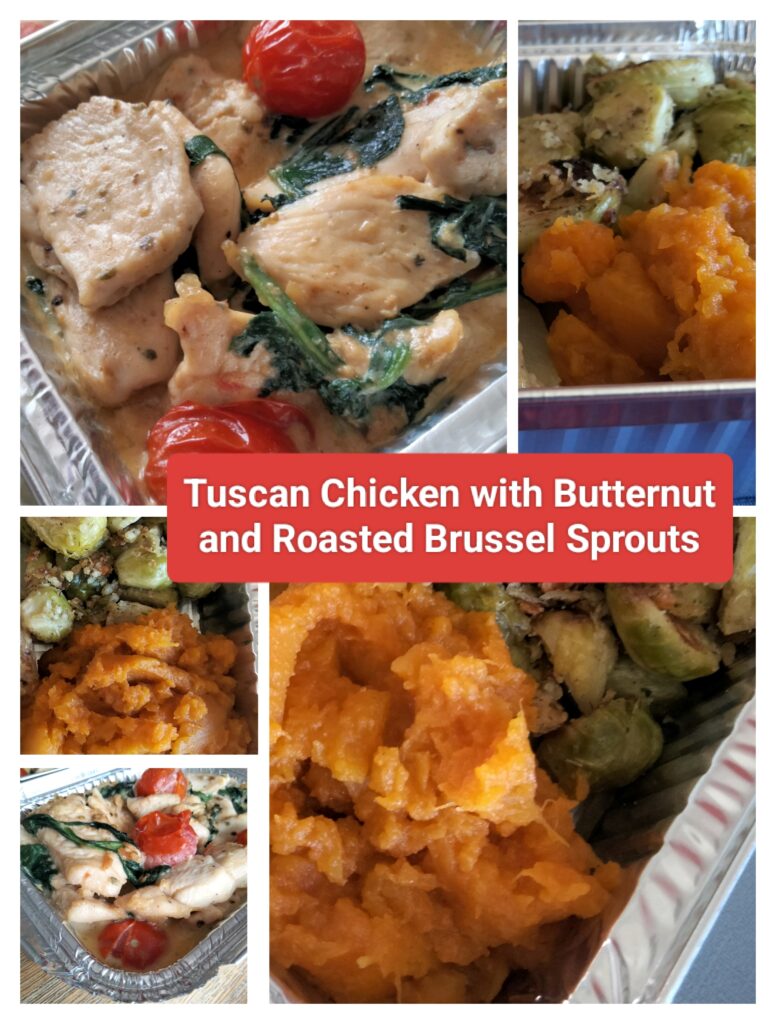 Creamy Tuscan Chicken, Butternut and Roast Brussel Sprouts
