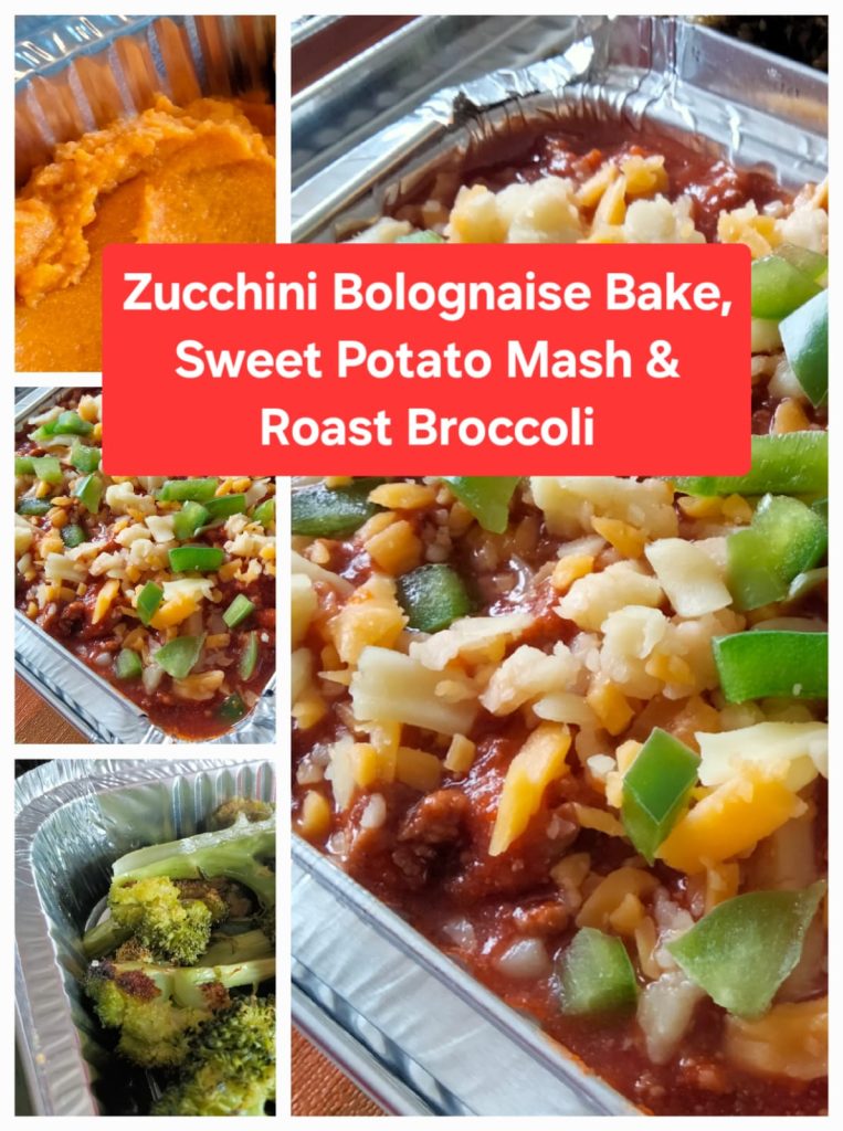 Zucchini Bolognaise Bake, Sweet Potato Mash and Roast Broccoli