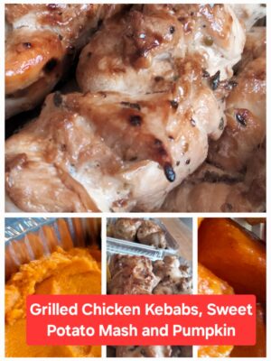 Grilled Chicken Kebabs, Sweet Potato Mash and Pumpkin